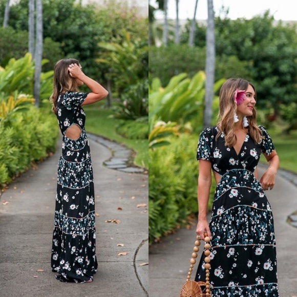 BA&SH Blush Noir Black Floral Side Cut Out Short Sleeve Maxi Dress 0 - Picture 1 of 4